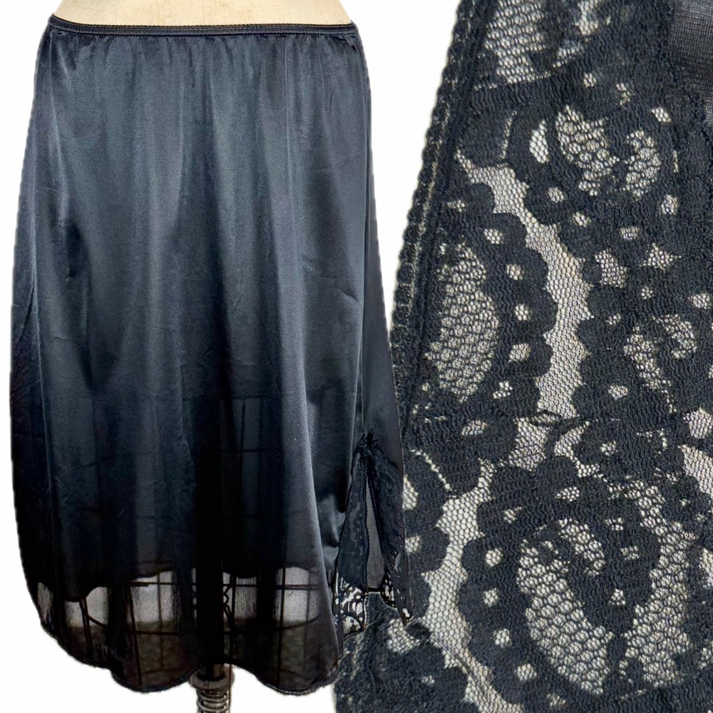 VINTAGE lace black nylon dress skirt‎ slip midi elastic waist lingerie layer 80s